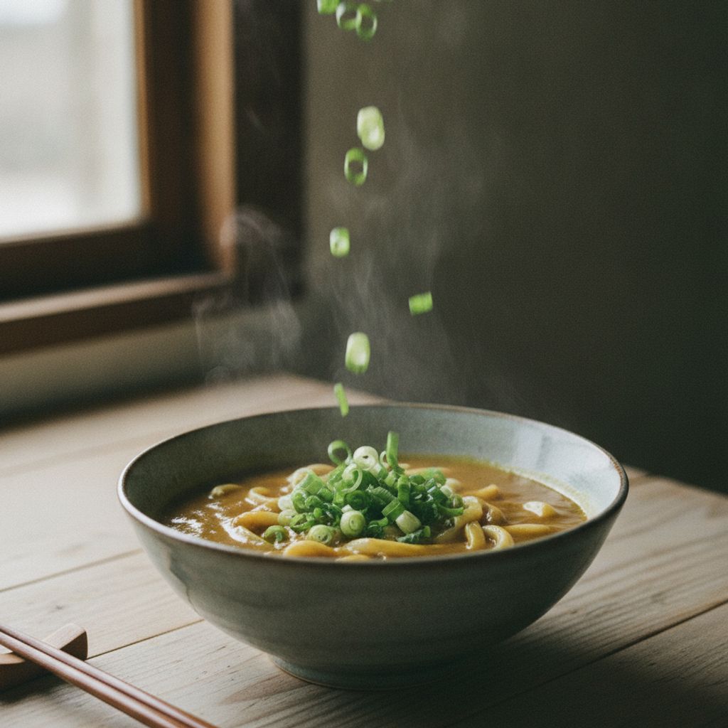 カレーうどんに小ねぎを散らす様子