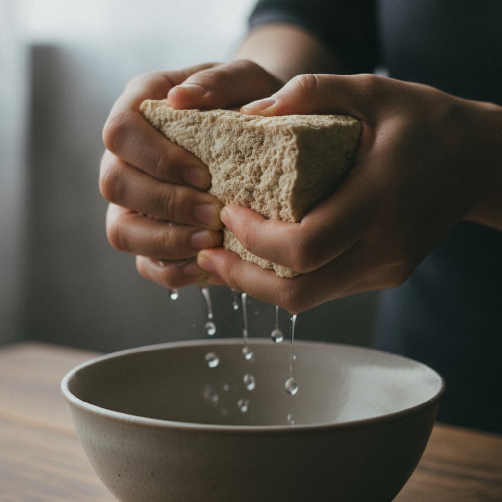 両手で高野豆腐の水気を絞っているところ