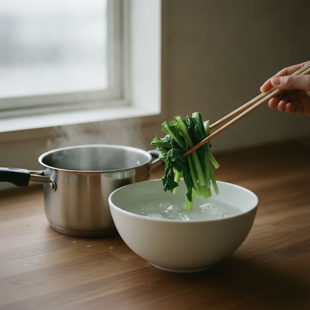 しろ菜を氷水にとる色止め