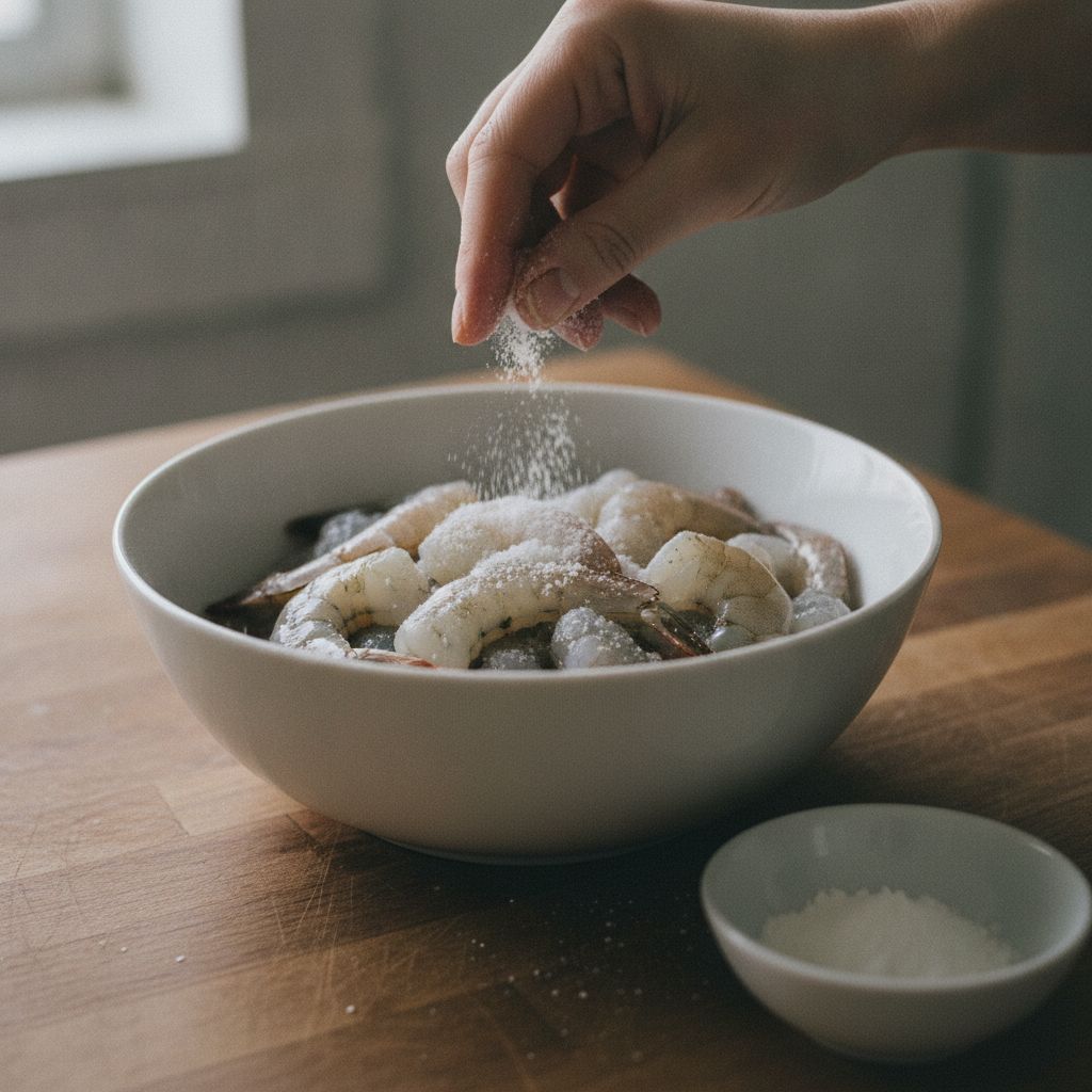 えびに下味の粉をまぶす