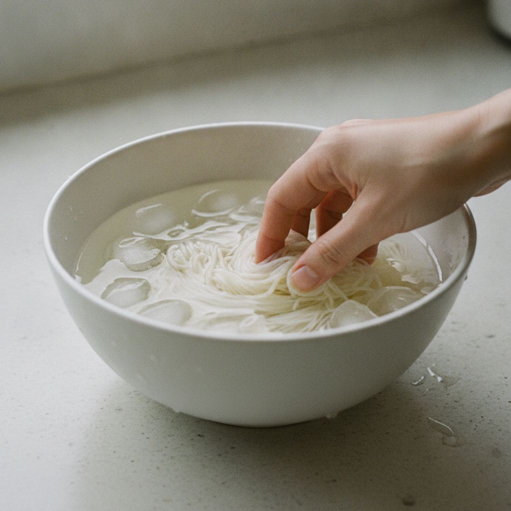 そうめんを氷水で締める下ごしらえ