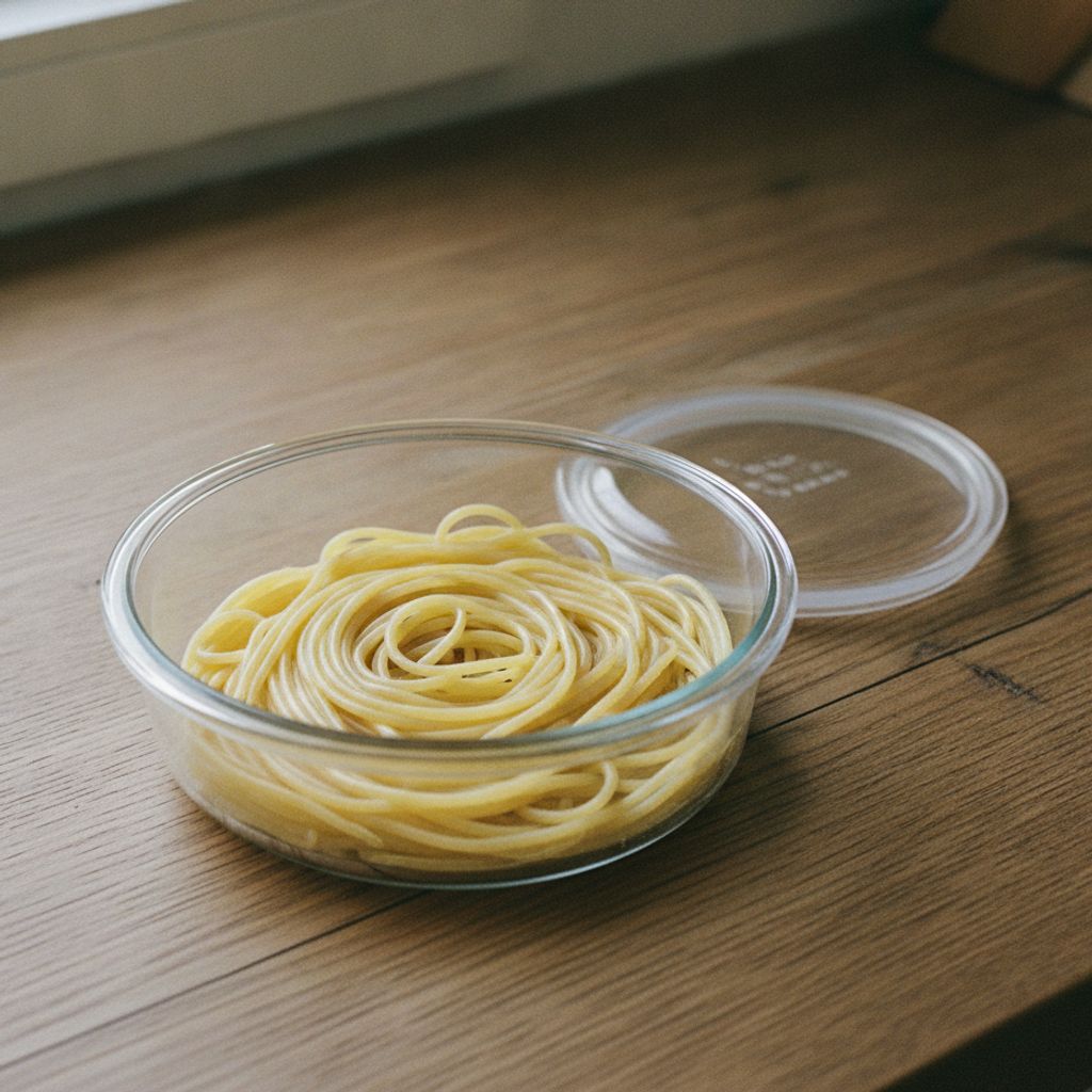 茹で置きしたパスタを保存容器に入れる下ごしらえ