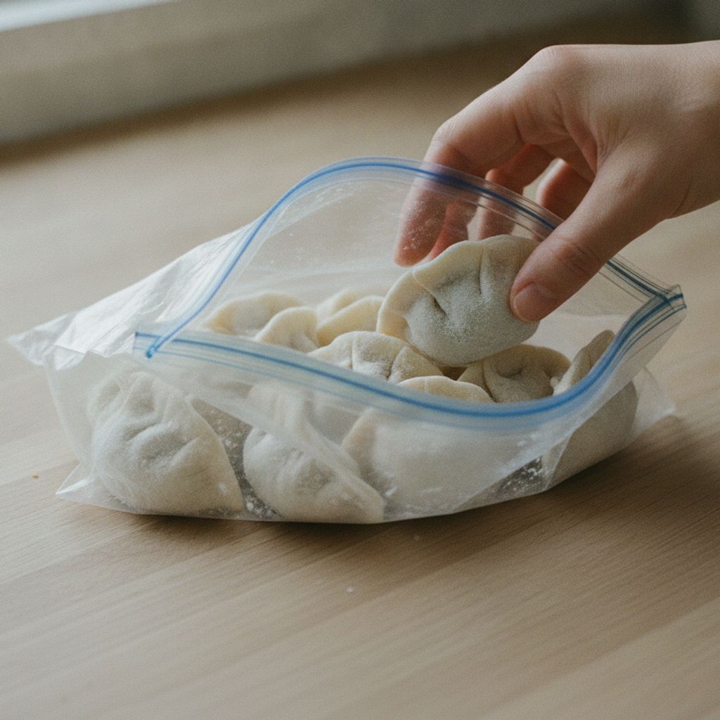 冷凍した餃子を保存袋にまとめる下ごしらえ