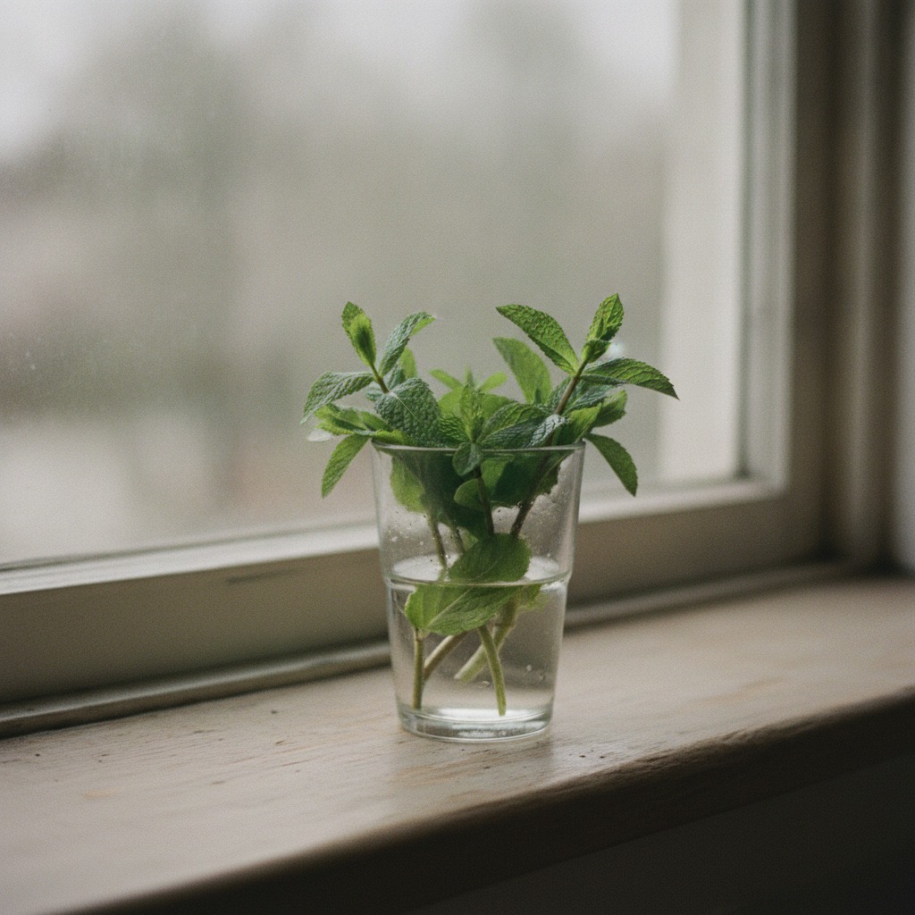 コップの水にミントの茎を挿して保存する様子