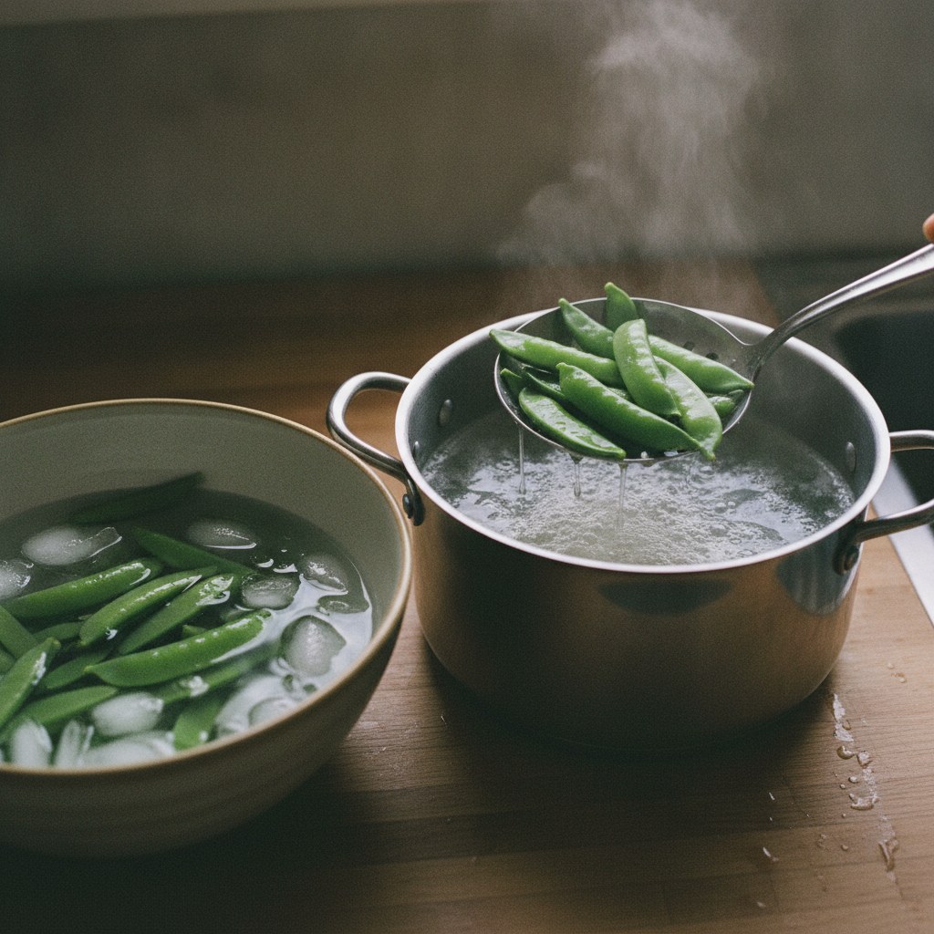 茹でたスナップえんどうを冷水にとる様子