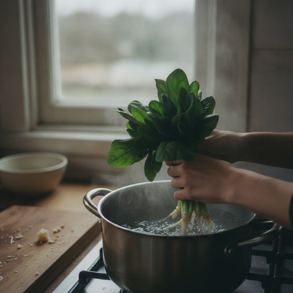 ほうれん草の根元から茹でる様子