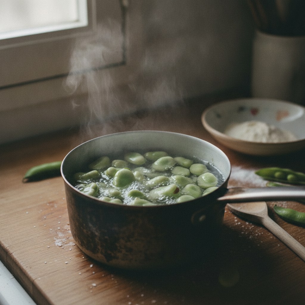 そら豆を塩ゆでにする様子