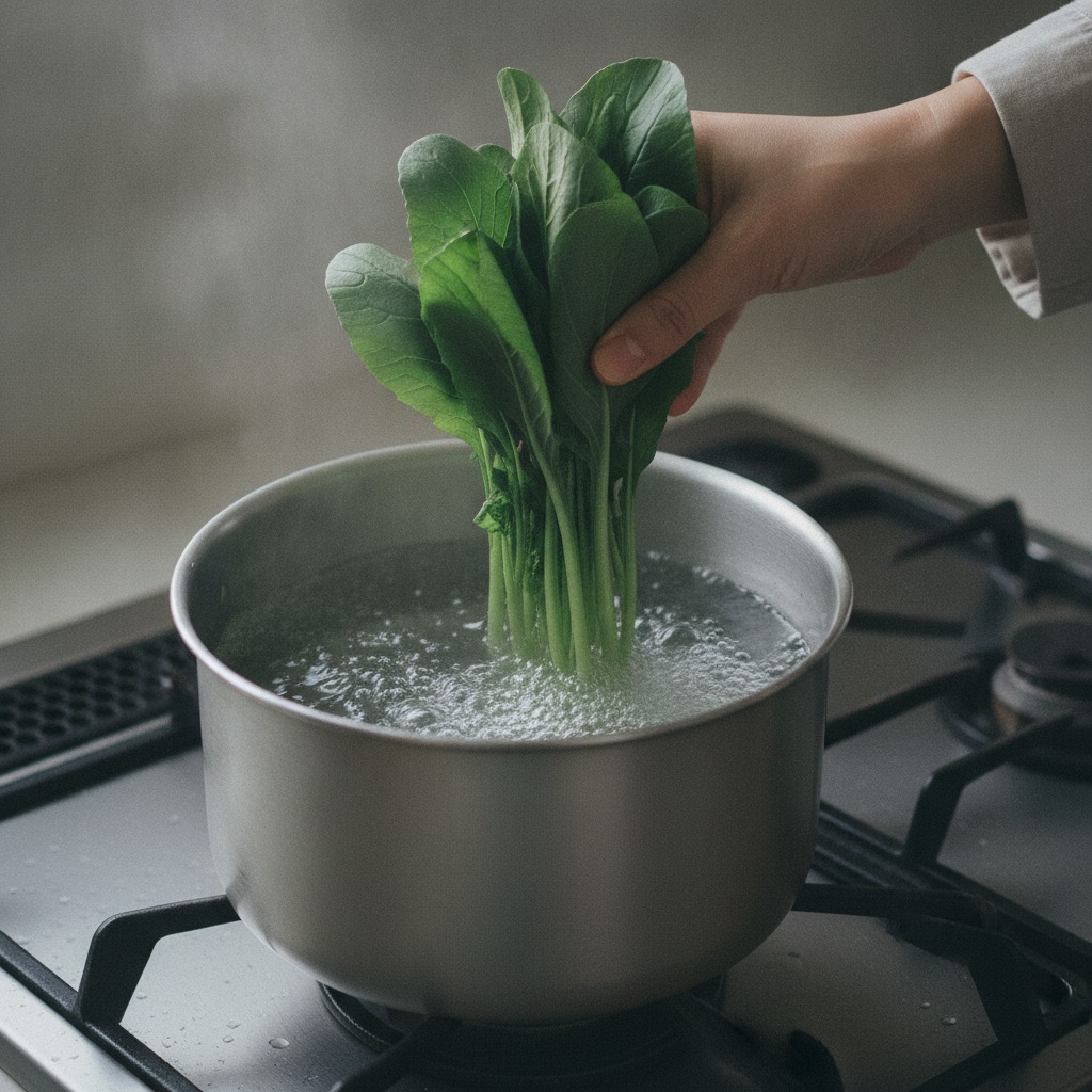 小松菜を熱湯でゆでる様子