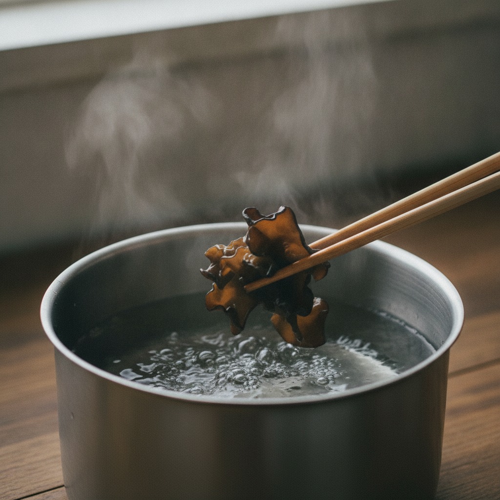 きくらげを熱湯でさっと湯通しする様子