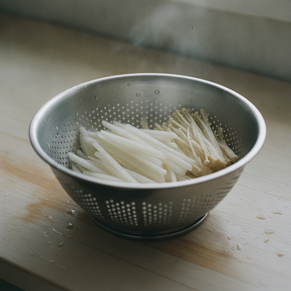 大根とえのきを熱湯でさっと下ゆでする様子