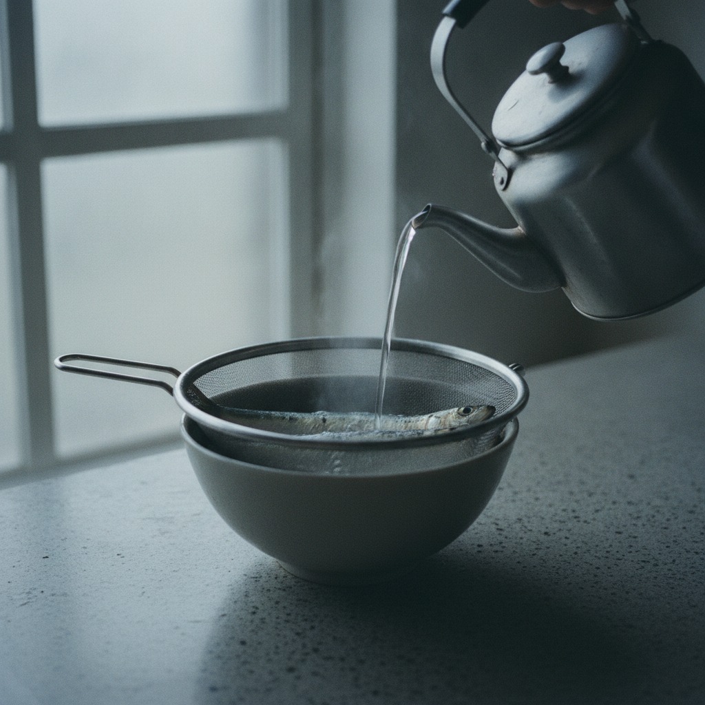 熱湯をかけていわしの霜降りをする様子