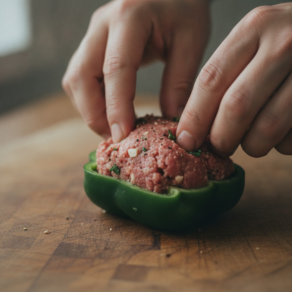 肉厚ピーマンに肉だねを詰める様子