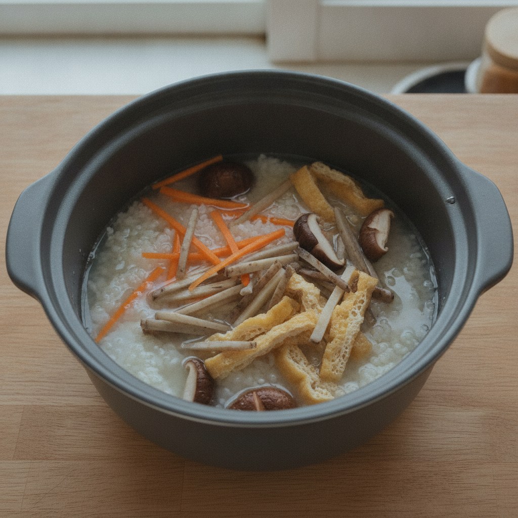 米の上に野菜をのせて炊く前の様子