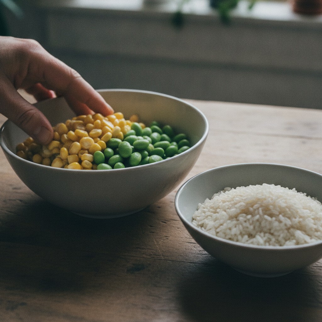 とうもろこしの実と枝豆を混ぜ合わせたボウルと米