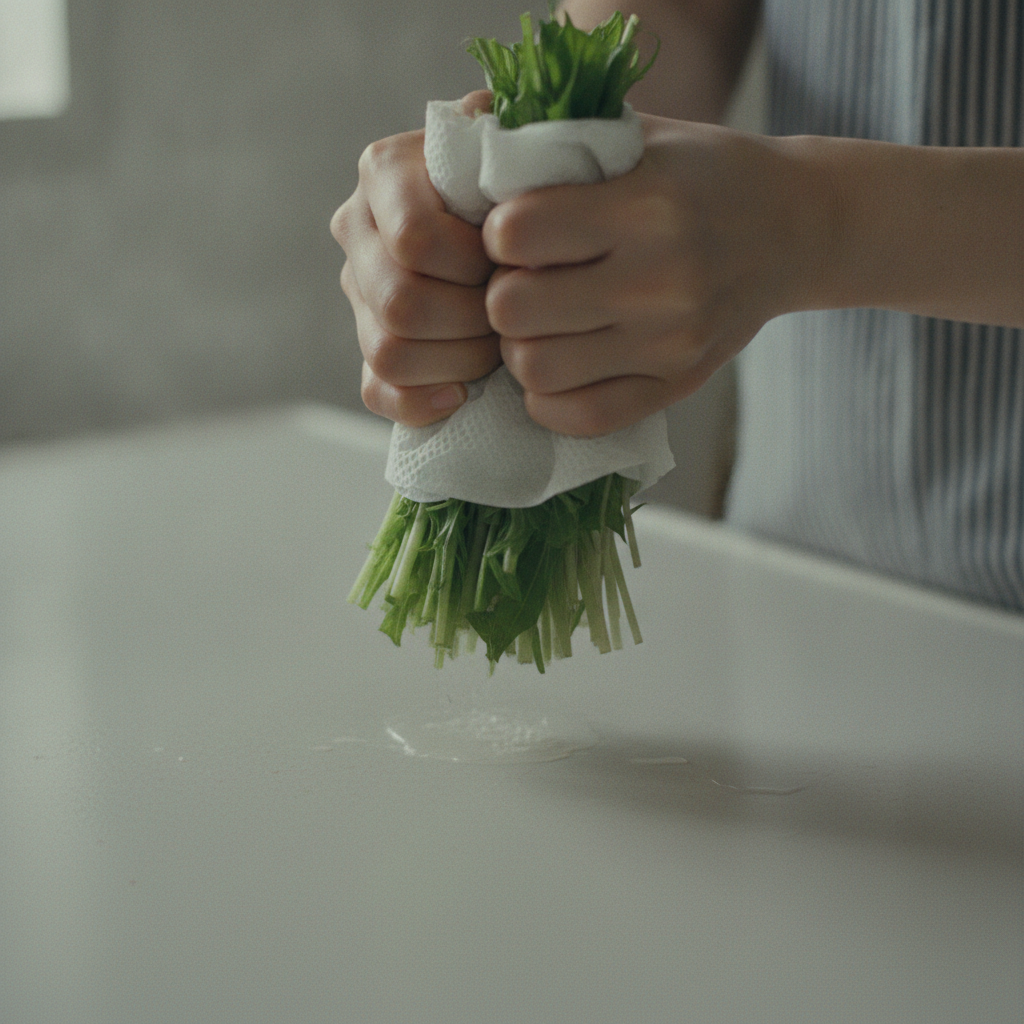 水菜の水気を絞る様子