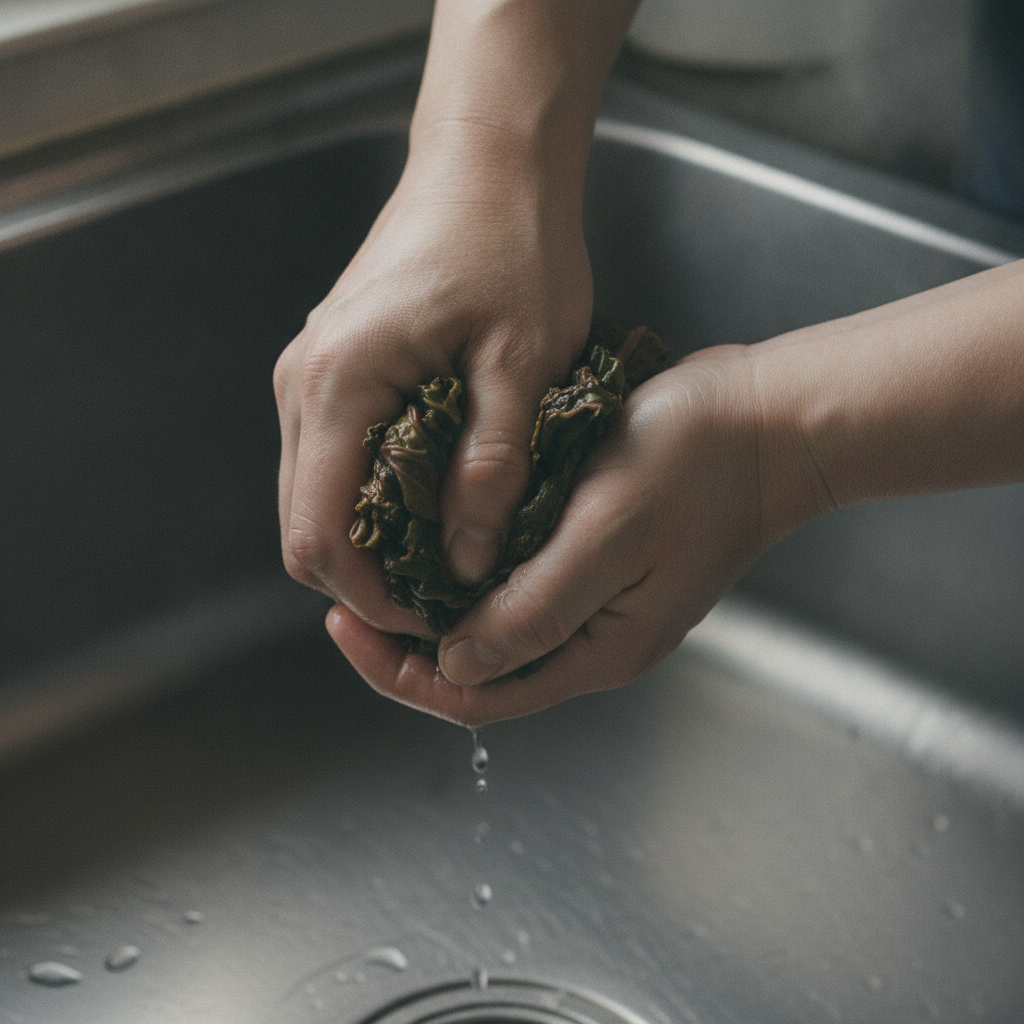 水気を絞った赤からし菜を刻む様子