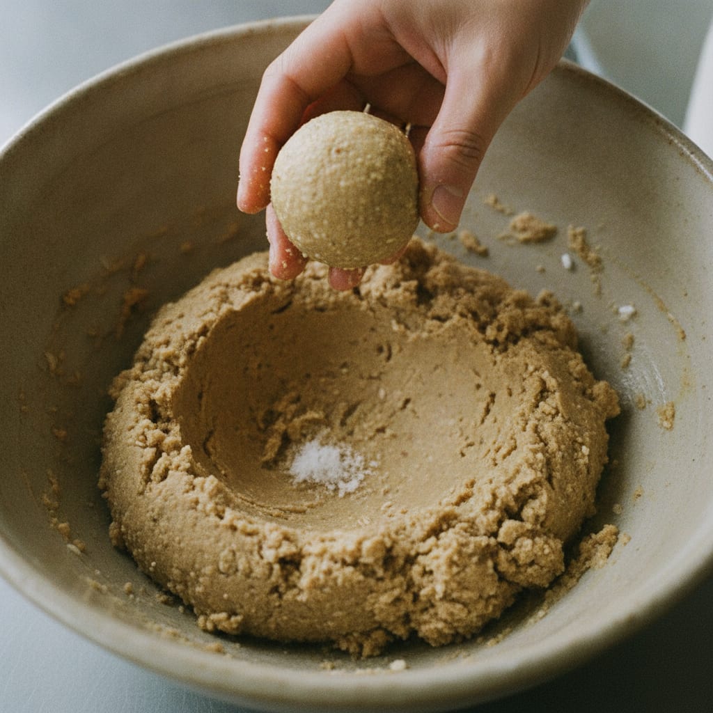 潰した大豆と塩切り麹を混ぜて味噌玉を作る様子