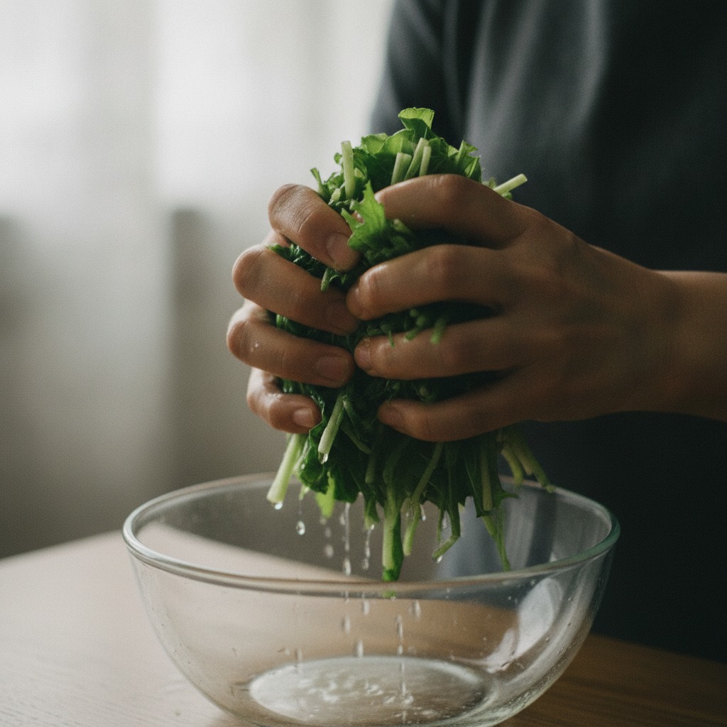 塩もみした水菜の水気を絞る様子