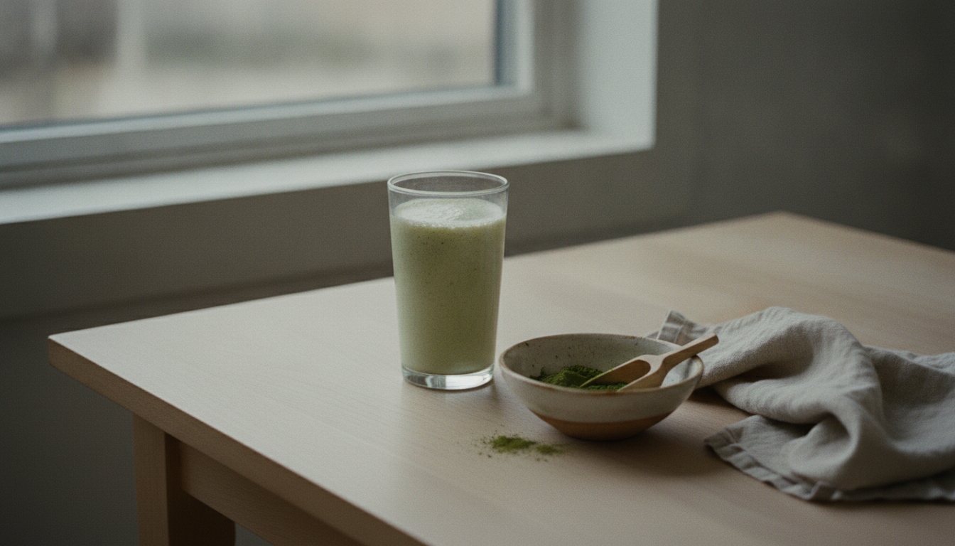 豆乳と、モリンガの粉末で作った、淡い緑のスムージー