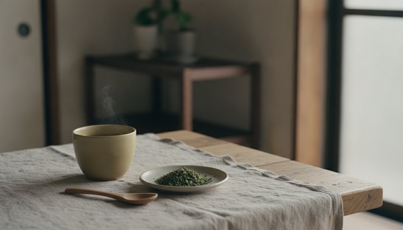 淡い黄緑色の、モリンガのお茶と、乾燥した葉