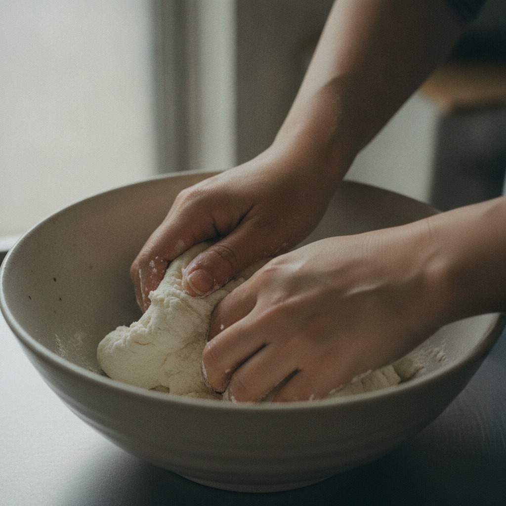 米粉と豆腐を練り合わせる様子