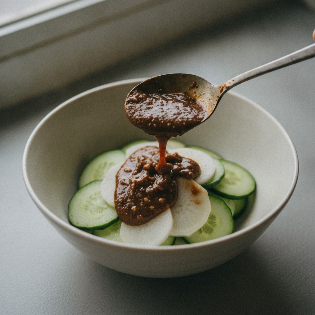 醤油麹を野菜にまぶす様子
