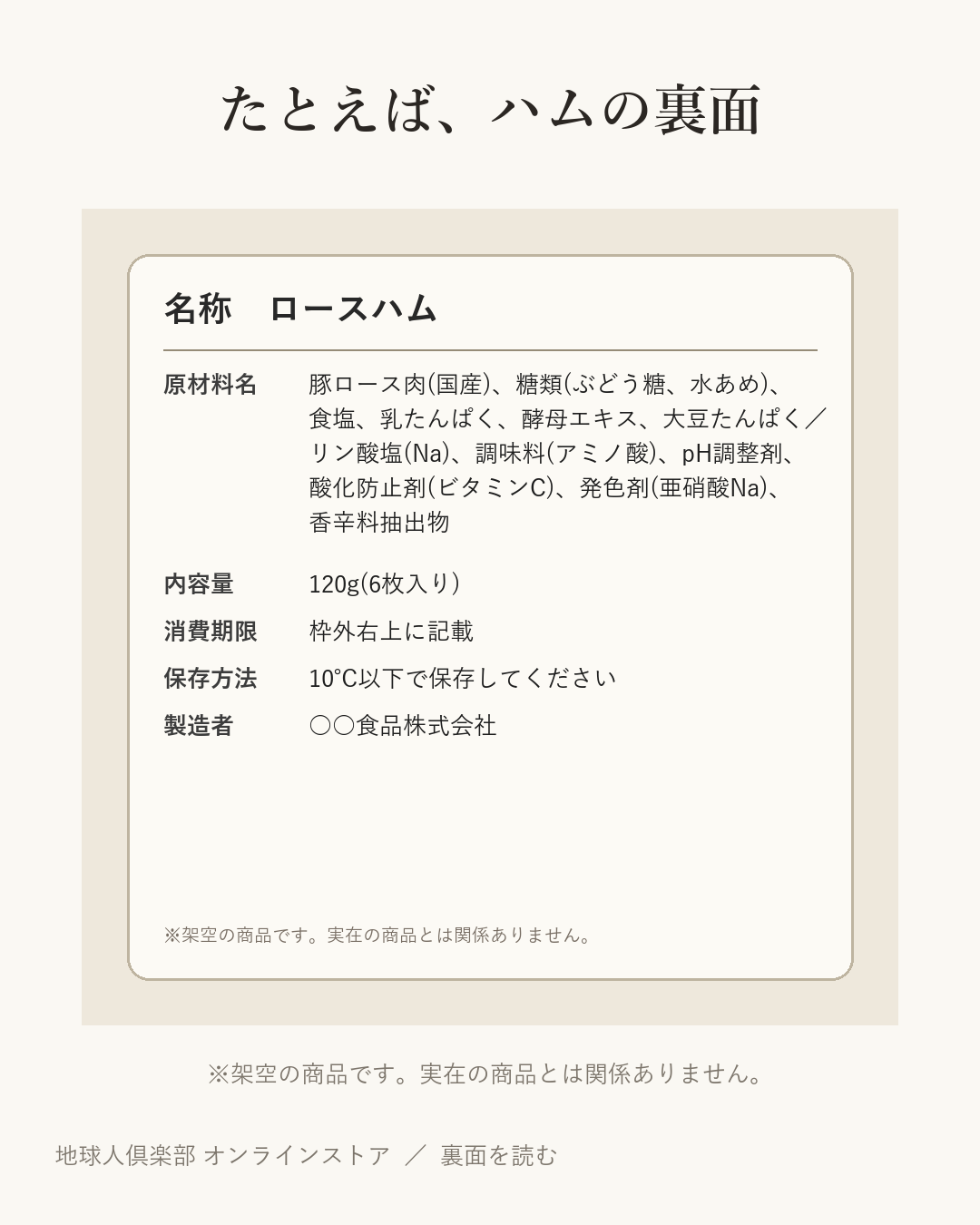 架空のロースハムの原材料表示