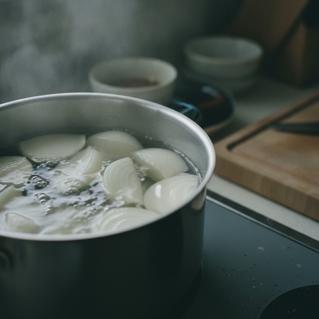 鍋で下ゆでする玉ねぎ