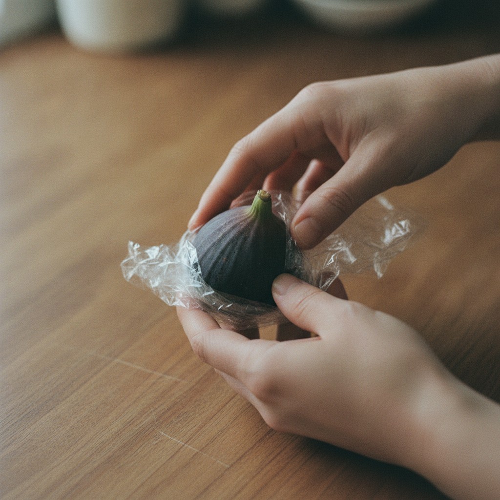 いちじくをラップで包む様子