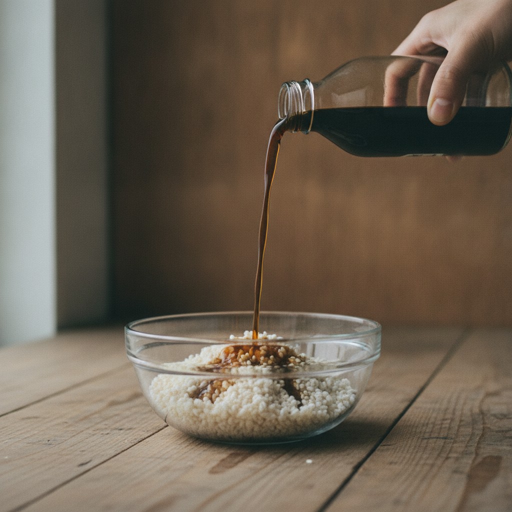 米麹に醤油を注ぐ様子
