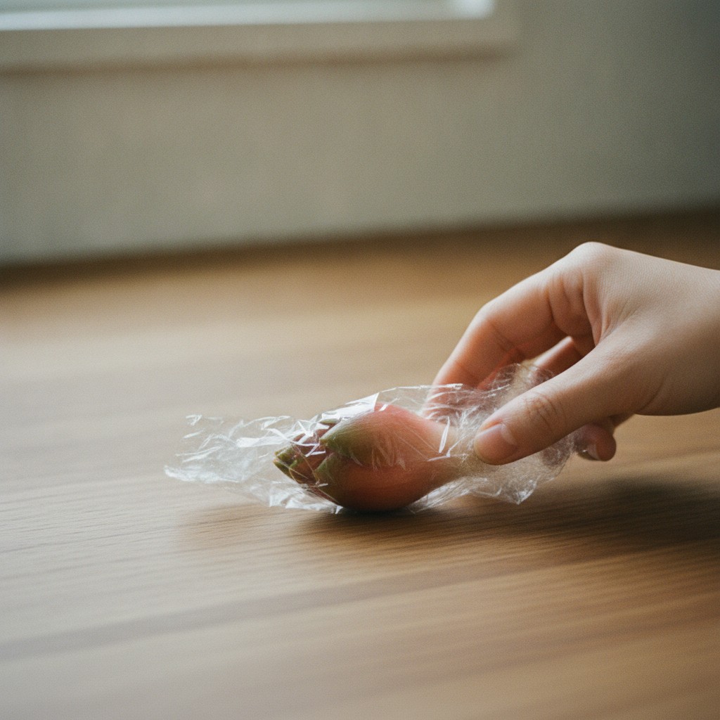 みょうがをラップに包む様子