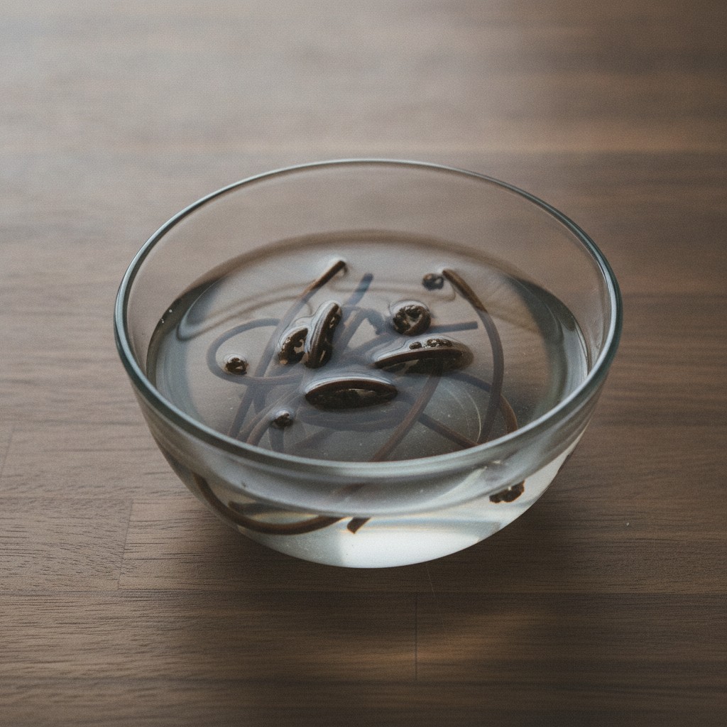 乾燥ぜんまいを水に浸ける様子