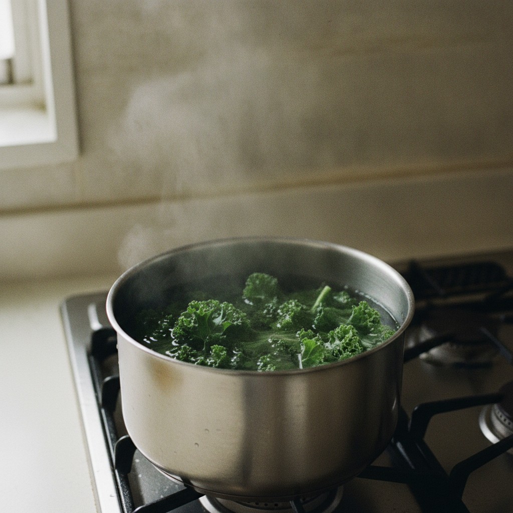 ケールを熱湯で茹でる様子