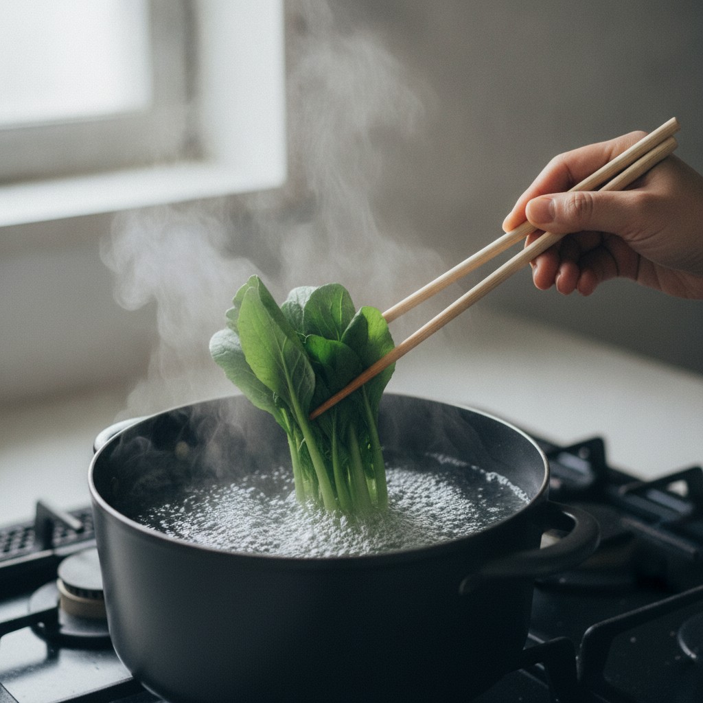 小松菜を熱湯でゆでる様子