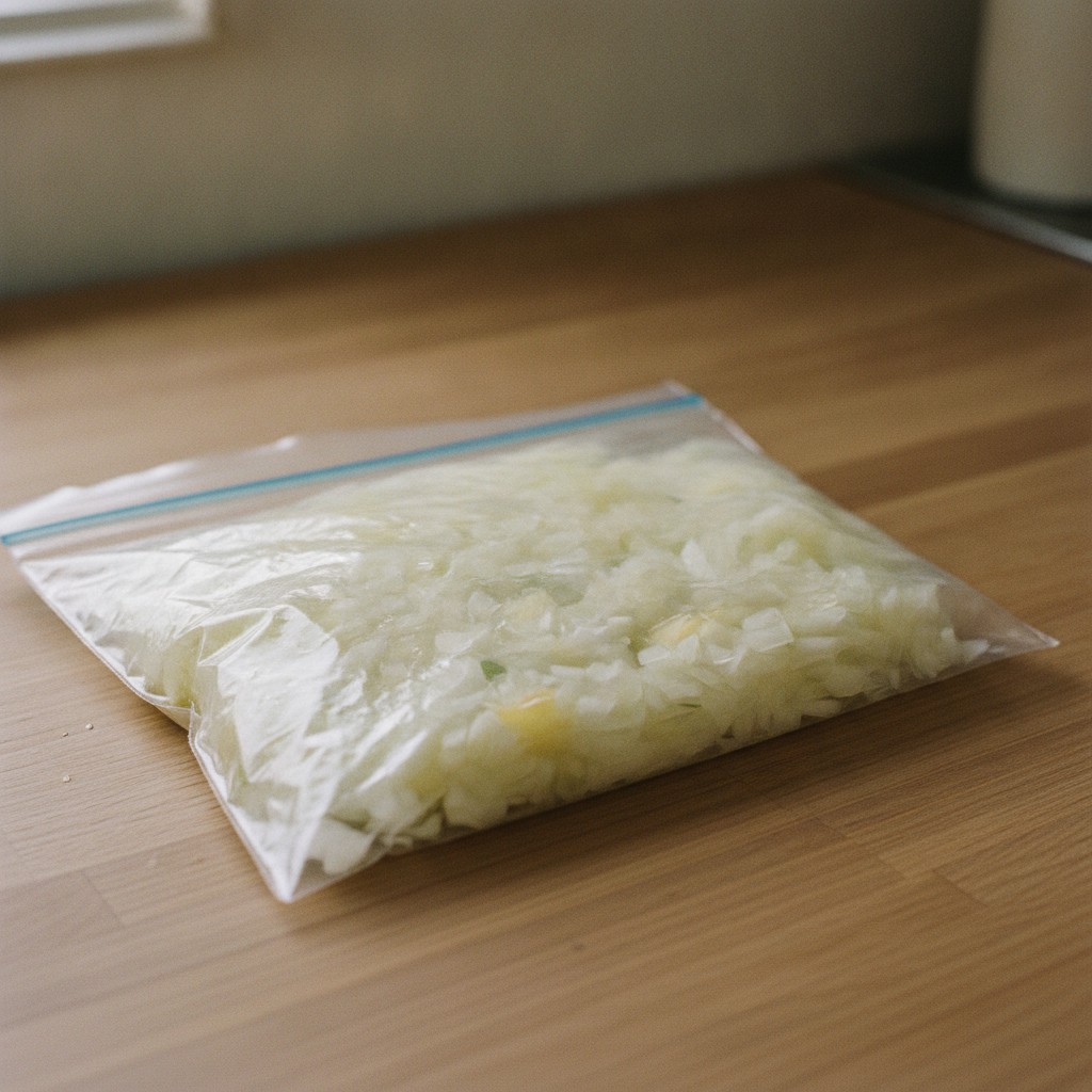 みじん切りにした玉ねぎを保存袋に入れる様子