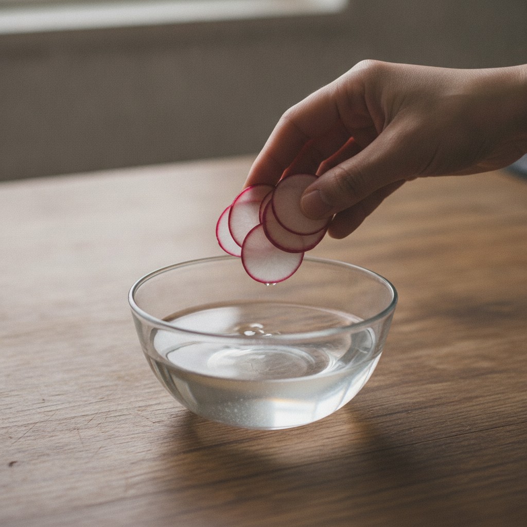 赤大根の薄切りを水にくぐらせる様子