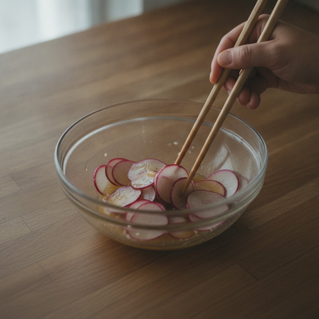 紫大根を酢の調味液と和える様子