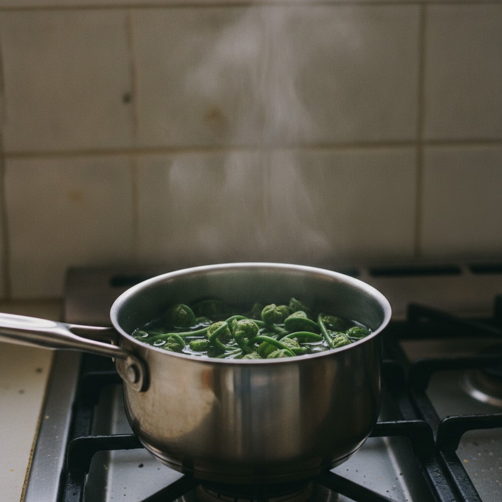 こごみを熱湯で茹でる様子