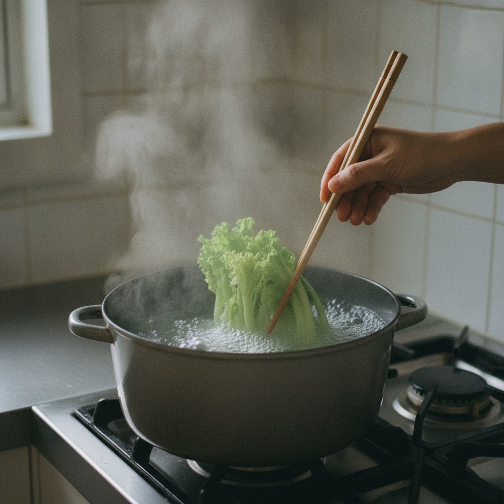しろなを熱湯でゆでる様子