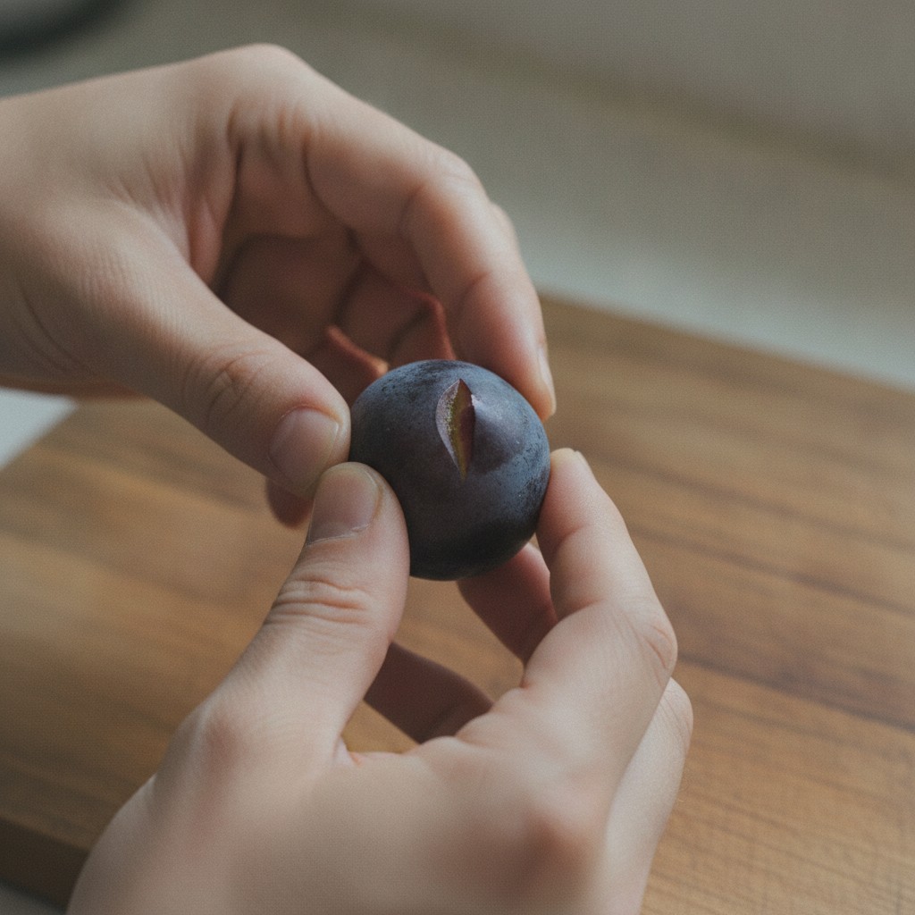 巨峰のお尻側を押して皮に割れ目を作る様子
