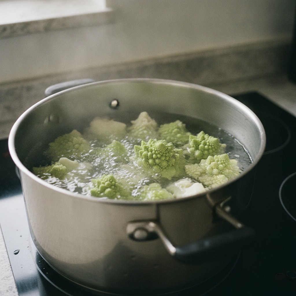 ロマネスコを熱湯で茹でる様子