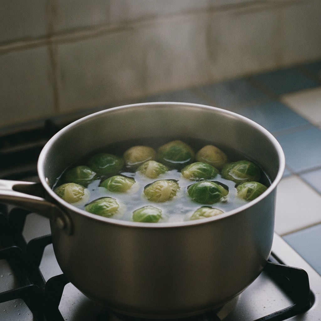 芽キャベツを熱湯で茹でる様子