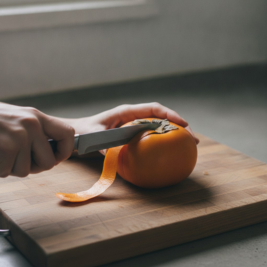 次郎柿の平らな面に沿って皮をむく様子