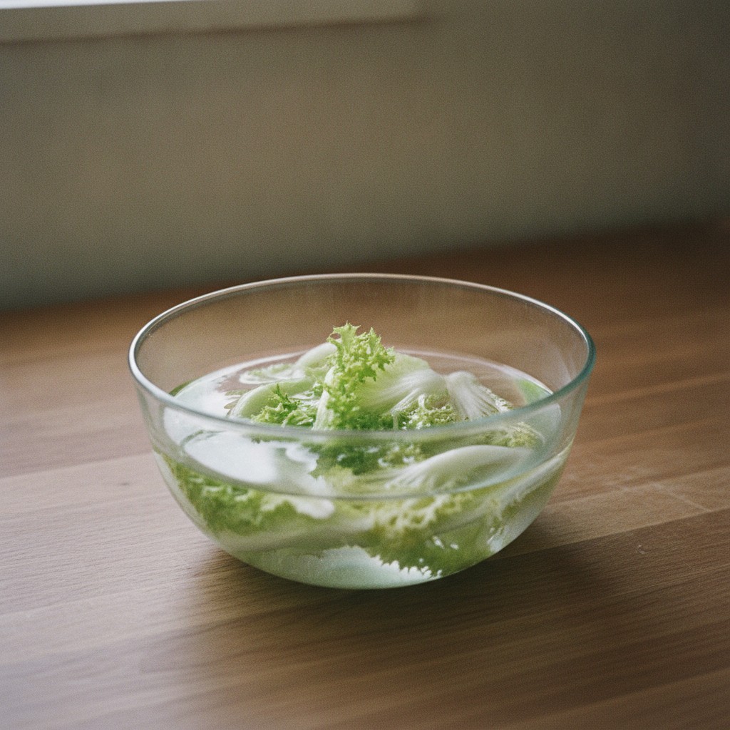 エンダイブを冷水にさらす様子