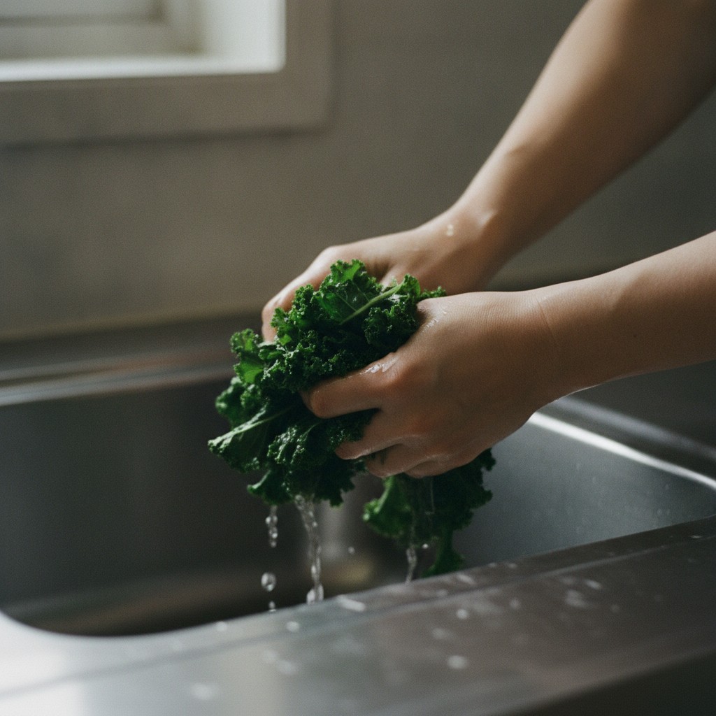 茹でたケールの水気を絞る様子