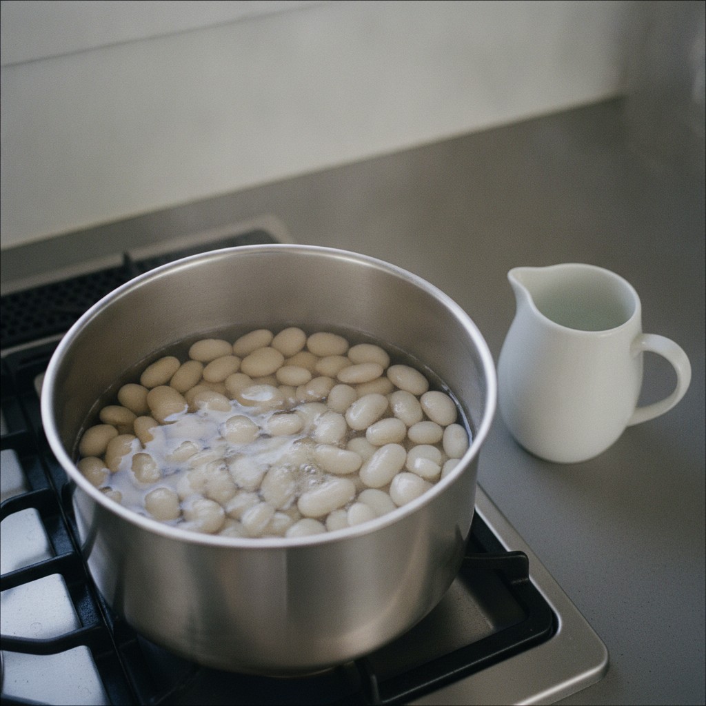 白花豆を弱火で静かに煮る様子