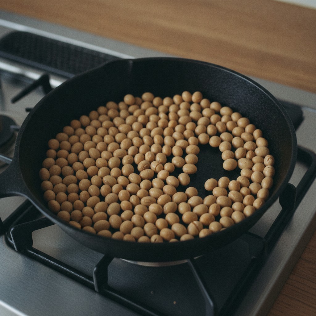 フライパンで大豆を炒る様子