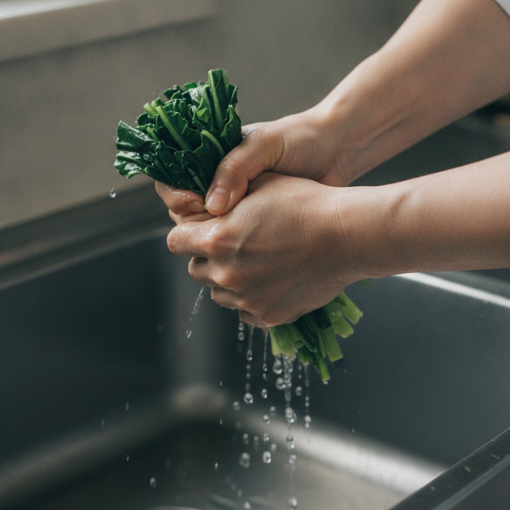 茹でた小松菜の水気を絞る様子