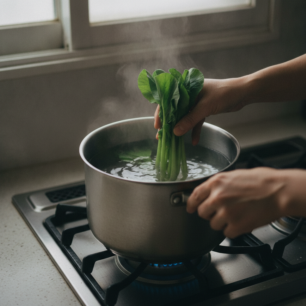 小松菜の茎を熱湯に入れる様子
