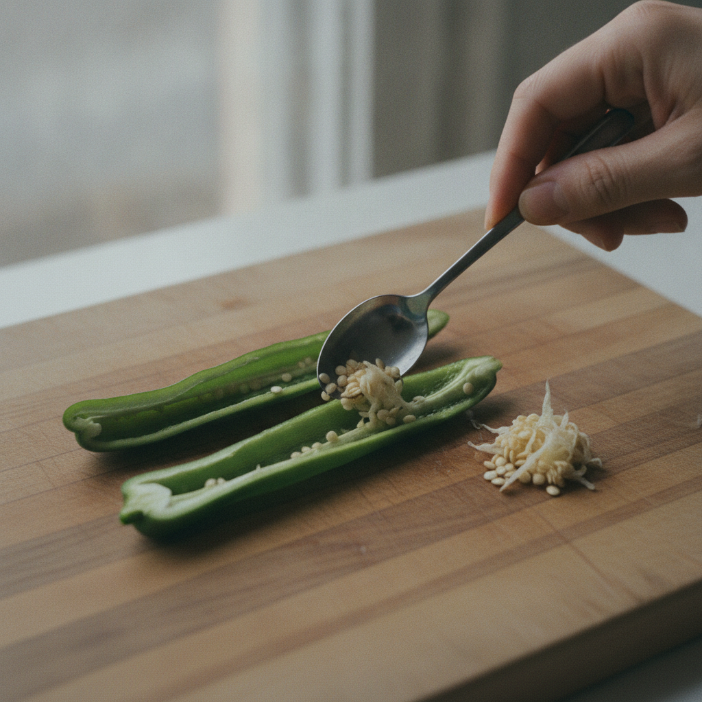 甘長ピーマンの種を取り除く様子